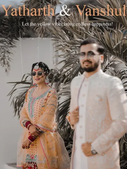 A cool and stylish portrait of the couple from their Haldi day. Their confident poses and sunglasses give off a modern and chic vibe.