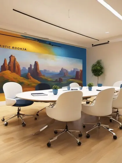 A panoramic landscape mural in a modern conference room. This shows how even representational art can be styled in a contemporary way to enhance a professional space.