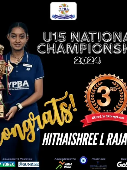 Hithaishree L Rajaiah with a Bronze medal in U15 Girl's Singles at the National Championship 2024.