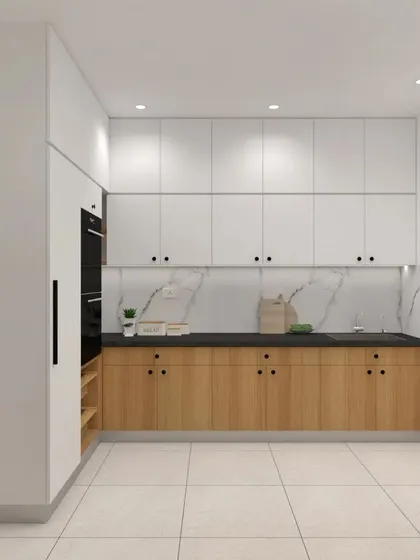 Another view of the L-shaped wood and white kitchen, showing the seamless integration of storage cabinets from floor to ceiling to maximize space.