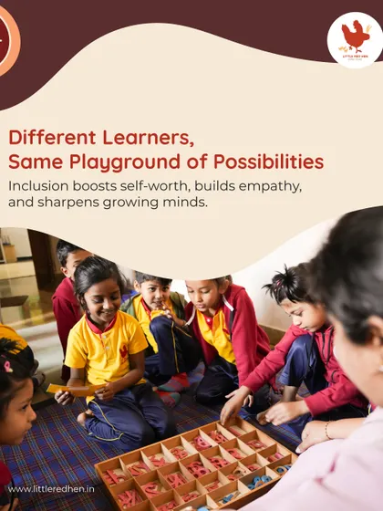 Different learners, same playground of possibilities. A teacher guides a group of children with a wooden letterbox, an activity that boosts self-worth, empathy, and cognitive skills for all.