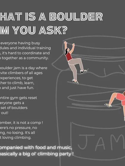 Ever wondered what a Boulder Jam is? Here's the breakdown! It's our signature event where we reset the entire gym with fresh routes for a day of no-pressure climbing, great music, and good food. It's basically a big ol' climbing party for everyone.