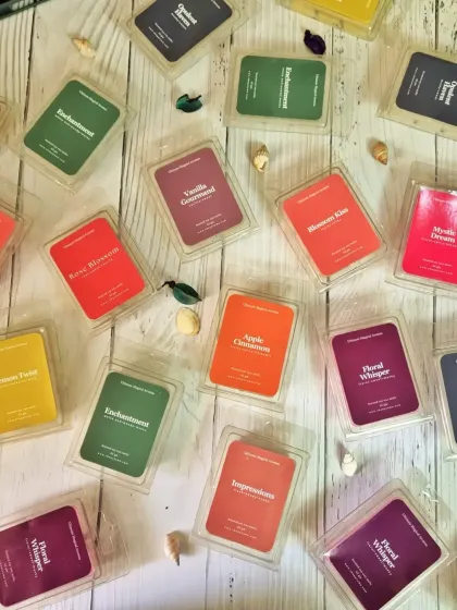A vibrant array of my wax melts, available in eleven different scents. From fruity and floral to spicy and woody, there is a fragrance for every mood and season.