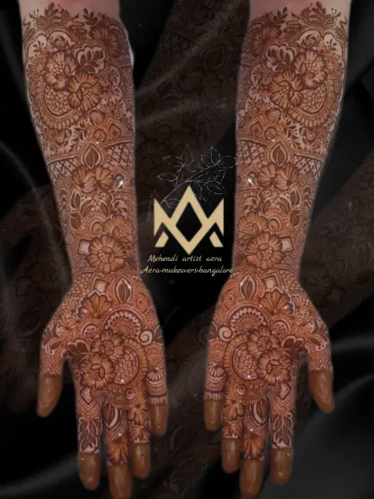 A professionally edited shot of the bridal mehendi, highlighting the depth and intricacy of the patterns.