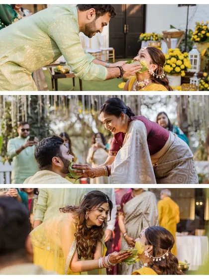 A collage of guests applying turmeric to the couple. These are the moments of blessing and love that are central to the Haldi ceremony.