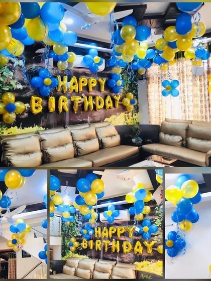 A collage showing a full living room decoration for a birthday, with blue and yellow balloons covering the ceiling and a "Happy Birthday" foil banner.