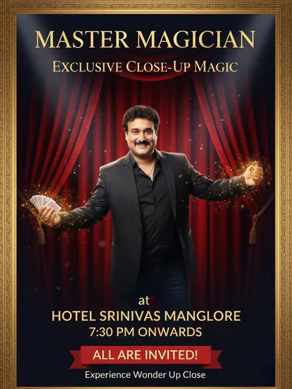 An event poster for one of my "Master Magician" evenings in Mangalore. I often perform exclusive close-up magic shows for the public to experience wonder up close.