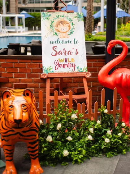 Welcome to Sara's Wild Journey! The entrance setup features a personalized easel sign flanked by tiger and flamingo props, giving guests a taste of the adventure inside.