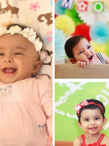 A vibrant collage of happy babies and toddlers during their milestone photoshoots, showcasing their joyful expressions and personalities.