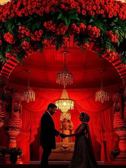 A truly romantic moment captured under a magnificent mandap we designed. The structure is enveloped in thousands of red roses, with crystal chandeliers adding a warm glow, creating a dramatic and opulent setting for the couple's special ceremony.