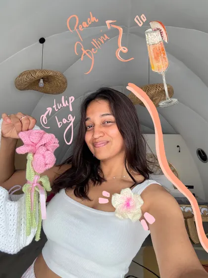A selfie with my crochet tulip bag, paired with a doodle of a Peach Bellini. I love matching my art to the photo's theme.