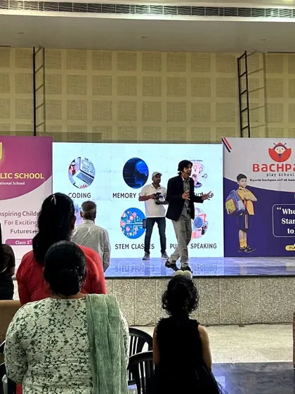A seminar in progress at Kishangarh, where our founder explains the different skill development programs we offer, including coding, memory science, and public speaking.