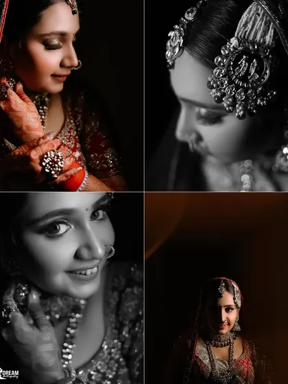 A four-panel collage of bride Winnie's portraits, mixing color and black and white to showcase her beauty.