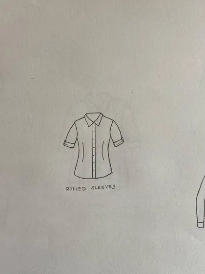 Flat sketches of different shirt and top styles, including V neck, polo, ruffle, and corset shirts.