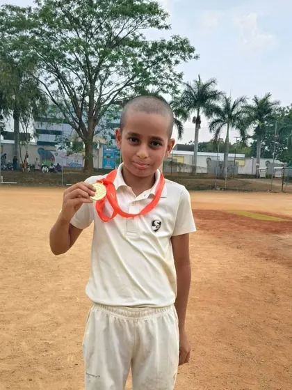 Shivansh Rao, one of the heroes of the match with a score of 32, celebrating a 10-wicket win in the RRCC Tournament U-10.