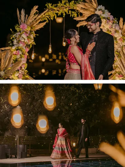 A collage showing a couple against a beautifully lit backdrop at their evening engagement party. The warm hanging lights create a magical and romantic ambiance.