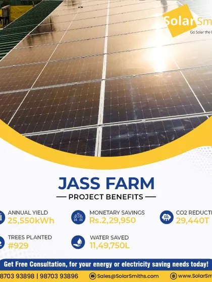 Jass Farm is now powered by a 19.98 kWp off-grid solar system. This provides them with energy independence and annual savings of nearly ₹2.3 lakhs, perfect for their agricultural needs.