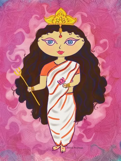 The same cute Durga character set against a pink mandala background, adding a layer of spiritual symbolism.