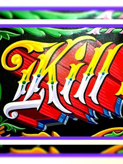 A detailed shot of the "Kill Your TV" lettering, with its sword-like flourishes and deep red shadows.