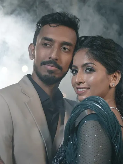 A close, romantic portrait of Sushma and Athmic, captured with a smokey effect for a dreamy feel.