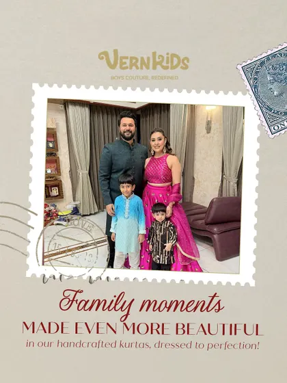 Family moments made even more beautiful. This lovely family portrait features two boys in our handcrafted kurtas, dressed to perfection.