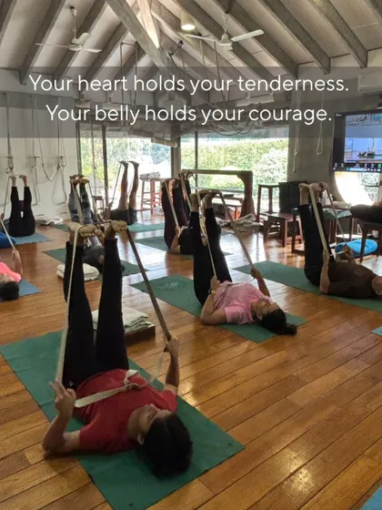 Your heart holds your tenderness. Your belly holds your courage. In this supported leg-raising pose, students connect with both their emotional center (Anahata chakra) and their power center (Manipura chakra).