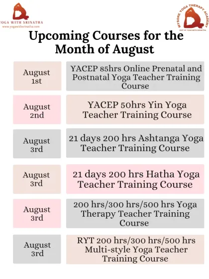 Explore our August offerings, with teacher trainings in Prenatal, Yin, Ashtanga, Hatha, and Multi-style yoga.