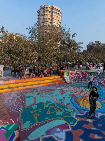 Another angle of the completed skatepark, packed with people and energy. Public art is about creating destinations and bringing people together.