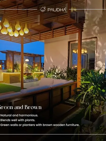 The color combination of green and brown is always natural and harmonious. This rooftop terrace design features green walls and planters that blend beautifully with brown wooden furniture and a pergola, creating a warm, earthy feel.