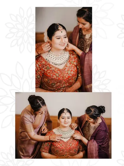 A diptych of the bride getting help with her necklace from her mother and sister. A beautiful moment of family love and support.