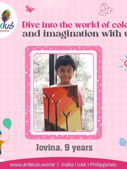 Jovina, age 9, dives into the world of color and imagination with her beautiful sunset painting.