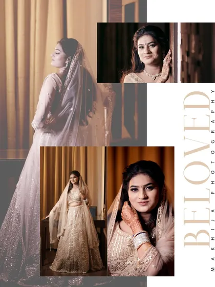 A beautiful collage dedicated to the bride, Saniya, on her engagement day. It showcases her elegant outfit and radiant smile through a series of stunning portraits.