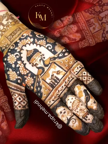 An engagement mehndi with personalized finger designs based on the couple's love story. Each finger holds a special memory.