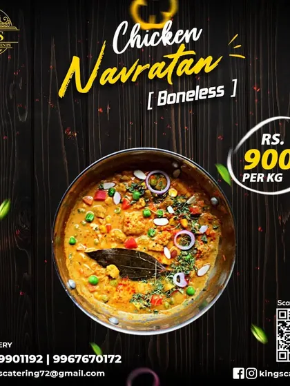 Our Chicken Navratan is a boneless curry made with a blend of nine different spices, creating a complex and royal flavor profile.