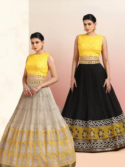 This image showcases two ways to style our yellow embellished blouse, with a black lehenga and a beige paisley lehenga, highlighting its versatility.
