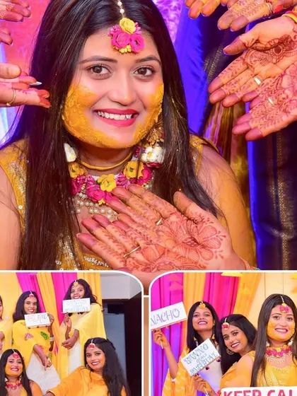 A collage capturing the joy of a Haldi ceremony, with friends and family showering the bride with love and turmeric.