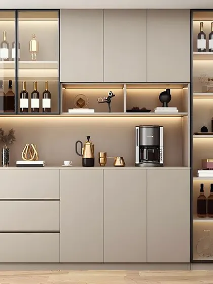 This modern crockery unit combines closed cabinets with open, backlit shelves and a dedicated space for a coffee machine, making it a functional hub for your dining area.