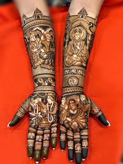 A grand design featuring portraits of Ram-Sita, a wedding ceremony, and family members.
