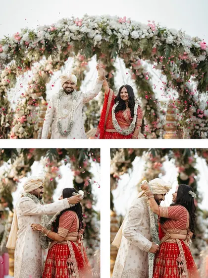 A collage of the varmala ceremony, capturing the playful exchange, the shower of petals, and the final triumphant pose. A complete story in four frames.