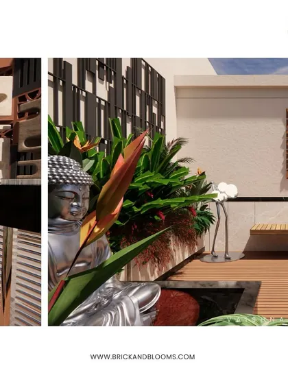 A close-up of our design for a tranquil terrace corner. This concept features a Buddha statue, a sleek bench, and artistic wall panels, blending spiritual calm with modern aesthetics.