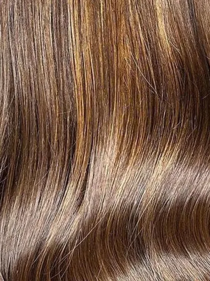 A close-up on the Irish Coffee Mocha strands. You can see the intricate blend of different brunette shades that give this color its name.