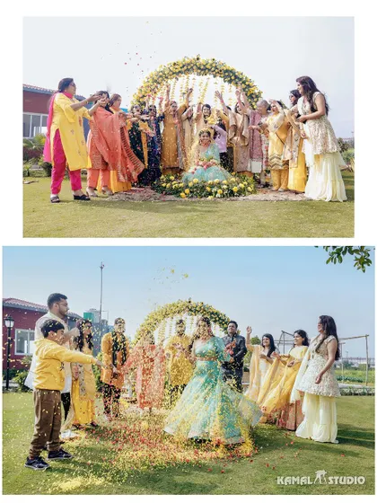 The "phoolon ki holi" moment, where family and friends shower the bride with flower petals.