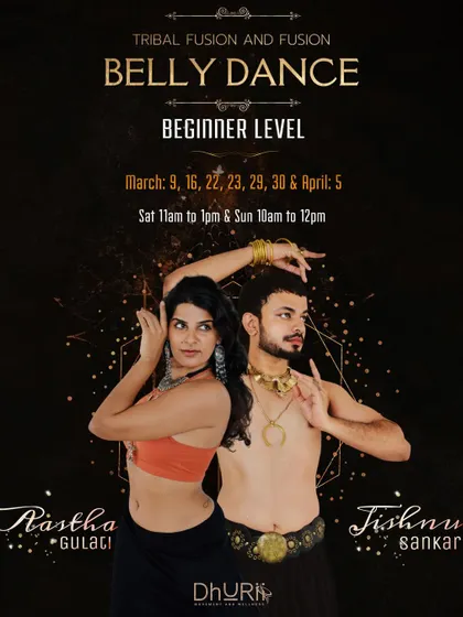 Our beginner level Tribal Fusion and Fusion Belly Dance course is a journey of movement, grace, and self-expression. This poster details our upcoming batch.