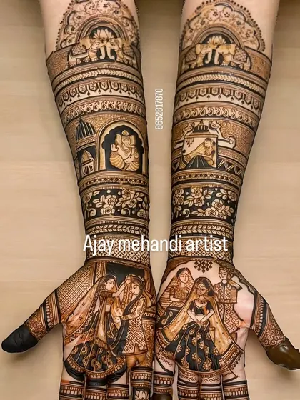 The completed family portrait design. The figures of the bride, groom, and parents are brought to life with detailed shading and traditional patterns.