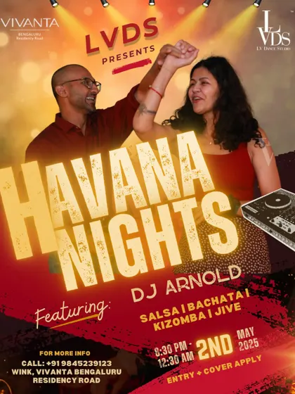 The official poster for our Havana Nights party featuring DJ Arnold. We bring in top DJs to keep the music fresh and exciting.