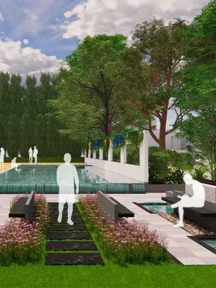 A conceptual design for a swimming pool area featuring integrated water channels and benches. 3D visualizations like this allow us to perfect the interplay of water, stone, and plants in a multi-sensory space.