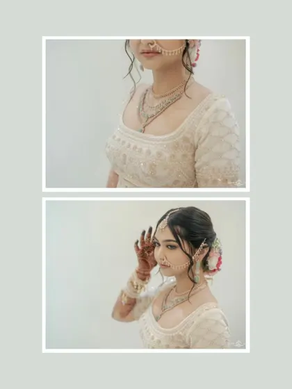 A diptych of the bride, showing close-ups of her jewelry and her graceful pose.