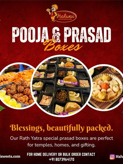 Our Rath Yatra special prasad boxes are blessings, beautifully packed. They are perfect for offering at temples, for home rituals, or for gifting to friends and family during the festival.