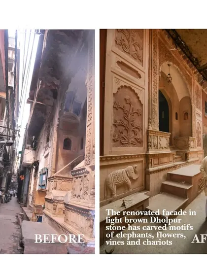 The haveli's facade on a narrow lane in Chandni Chowk, before and after restoration. We cleared away the clutter of overhead wires and restored the intricate Dholpur stone carvings of elephants, flowers, and vines.