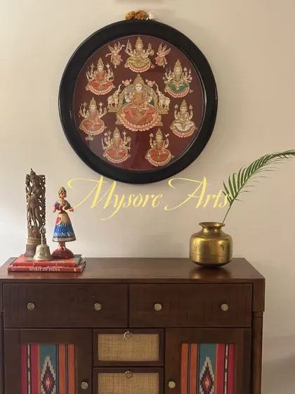 We love seeing our art become a part of your sacred spaces. This round Ashtalakshmi painting, featuring the eight forms of the Goddess of wealth, brings a traditional and elegant focus to our client's beautiful home.
